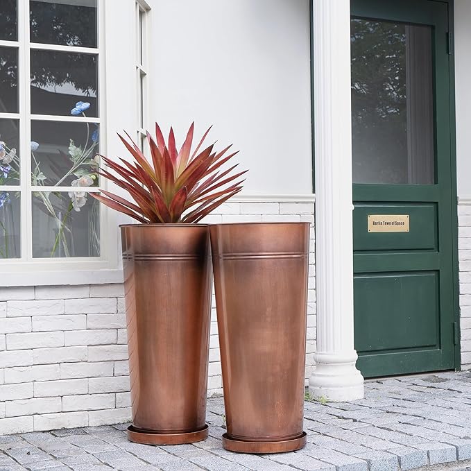 28in Tall Copper Planters Set of 2,Galvanized Steel Tall Outdoor Planter for porches/Indoor/terraces Patio- Copper Color(2planters,2inner pots with Holes, 2trays)