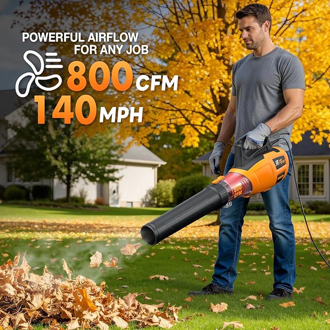 ALLOYMAN 13AMP Cord Leaf Blower with 49FT Extension Cord, 140MPH, 800CFM Airflow, Lightweight Portable Electric Leaf Blower Ideal for Heavy Duty Fall Cleanup, Patio Cleaning, Lawn Care, etc