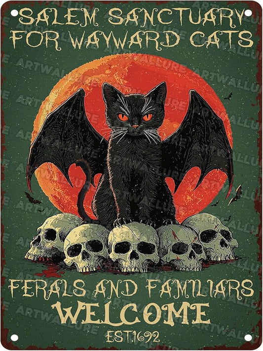 Salem Sanctuary Black Cat Metal Tin Sign Halloween Decor Vintage Gothic Decor Retro Wall Art Rustic Tin Plaque For Home Bar Cat Lovers 12x16inch