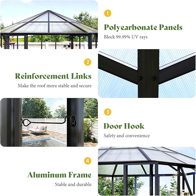 AMERLIFE 12x10x8 FT Hexagonal Hybrid Polycarbonate Greenhouse for Outdoors, Quick-Connect Assembly, Aluminum Frame with Ventilation and Rain Gutter for Backyard Garden, Black