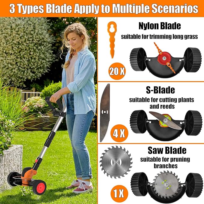 Electric Weed Wacker Cordless Eater Battery Powered Eater Lightweight Edger Portable Stringless Grass Trimmer/Lawn Mower/Brush Cutter, with 3 Types Blades & Wheels for Yard and Garden-Orange