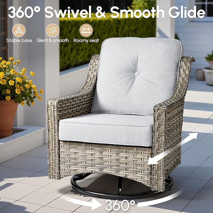 8 Pieces Patio Outdoor Furniture Set with Swivel Rocking Chairs,All Weather Wicker Rattan Patio Seating Sofa and Chair Set w/Ottoman,Outdoor Conversation Sets for Deck Yard Garden,Grey