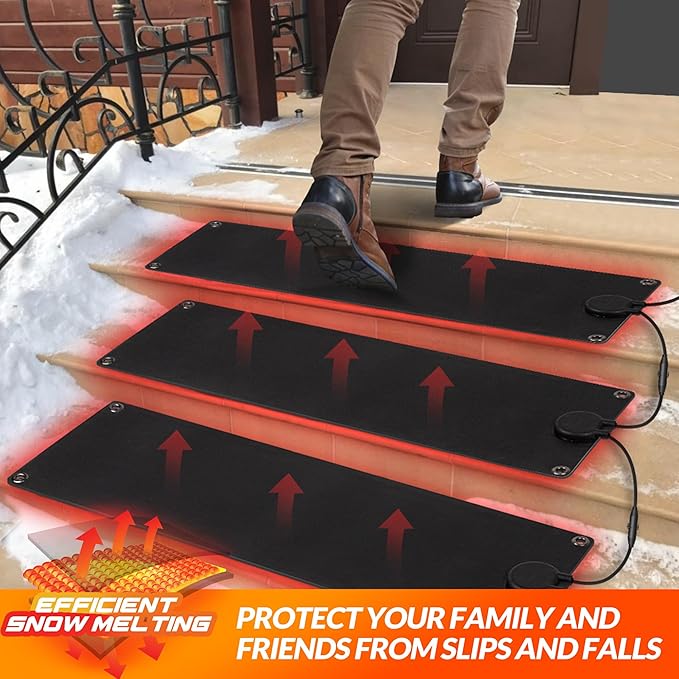 Walensee Snow Melting Mats Outdoor for Stairs, 10" x 30" 3-Pack Graphene Heated Outdoor Mats with Plug, No-Slip Rubber Snow Heating Mats, Ice Melts Pads Winter Sidewalks, Steps, Decks Snow Removal
