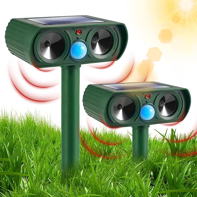 2 Pack Solar Animal Repellent Ultrasonic Outdoor Cat Repellent Deer Repellent Devices with Motion Sensor,Waterproof Solar Deterrent Devices for Squirrel,Dog,Raccoon,Skunk,Rabbit,Coyote for Yard Garden