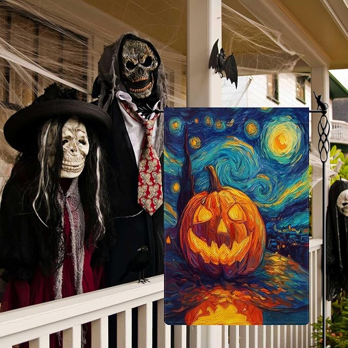 Starry Night Ghost Pumpkin Garden Flag Halloween Holiday Garden Flag Vertical Double Sided Rustic Farmland Burlap Yard Lawn Outdoor Decor 12.5x18"