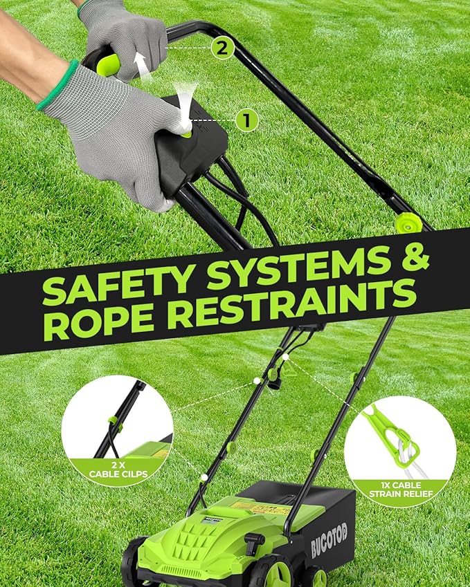 2-in-1 Electric Dethatcher and Scarifier, 13-Inch Raking & Scarifying, Turf Dethatcher & with 4-Position Height Adjustment, 14.5 gal Removable Thatch Bag for Lawn Health