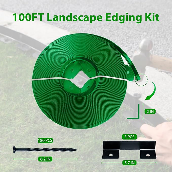Landscape Edging Border 100 FT 2 Inch Tall with 180 Spikes, Plastic Edging for Landscaping, Garden Edging Border, Flower Bed, Paver and Lawn Edging Border, Green