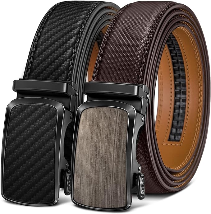 BULLIANT Men's Ratchet Belt 2 Pack-Click Leather Belt Adjustable for Men Gift 1 3/8-Cut for Perfect Fit