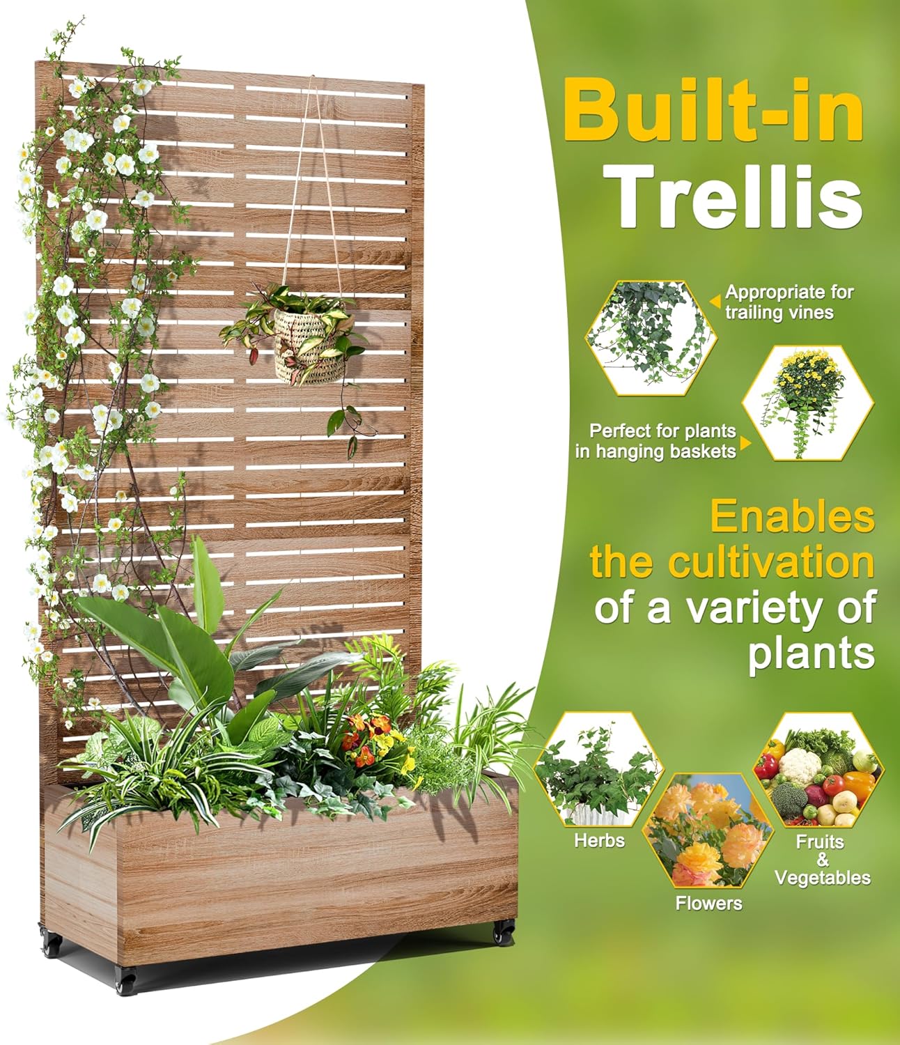 FENCY Metal Raised Garden Bed with Wheels and Trellis,73"x35"x16" Planter Box for Climbing Plants, Vegetables & Vines, Features Privacy Screen and Drainage Holes (Natural Wood Color)