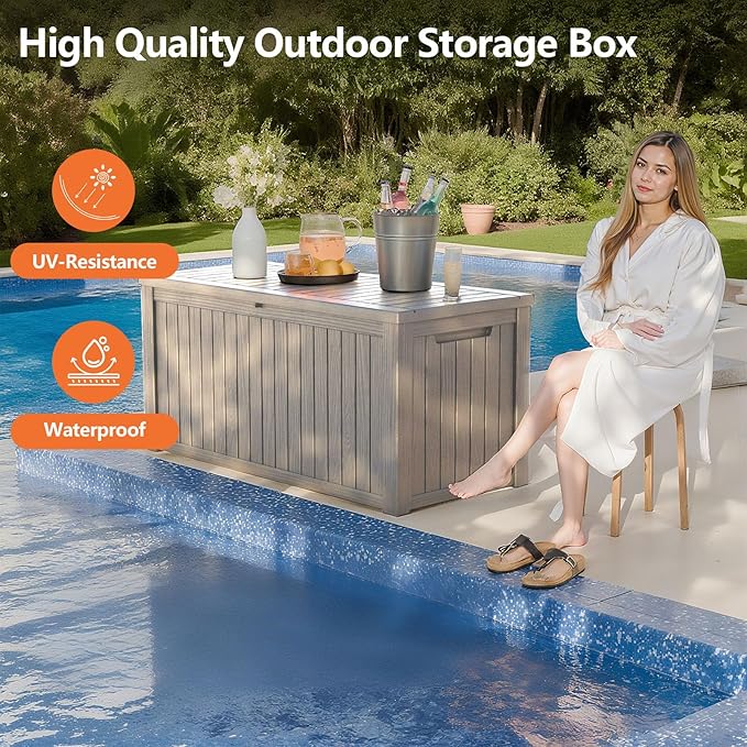 180 Gallon Outdoor Storage Box - Waterproof Resin Deck Box for Patio Cushions & Garden Tools - Lockable & Durable Outdoor Storage Bin - Stylish Grey Design