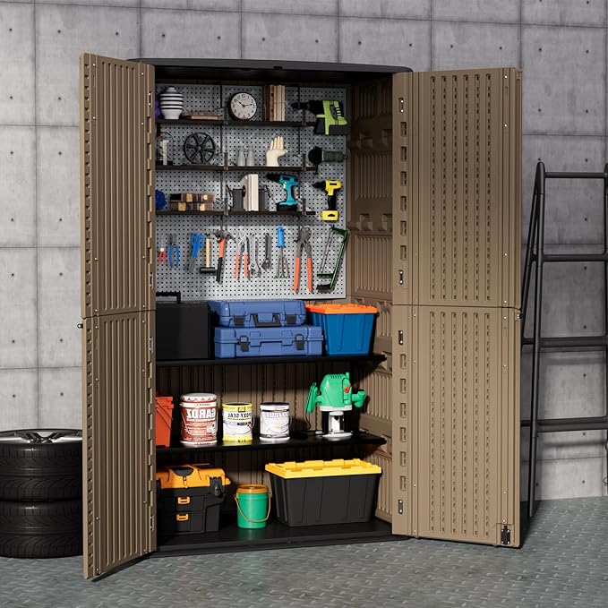 ZZM Large 67 Cu.ft Waterproof Storage Shed, Outdoor Storage Cabinet，Durable Resin Storage for Patio Furniture, Garden Tools, Pool Accessories, Mower Storage (Coffee)