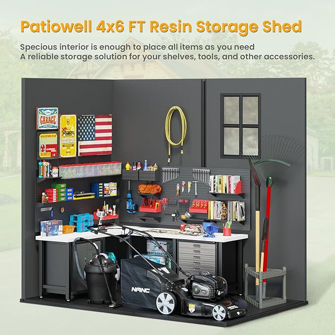 Patiowell 4 x 6 Resin Storage Shed with Floor, Outdoor Plastic Garden Shed with Lockable Door & Window, Easy Assembly Tool Shed for Backyard, Dark Gray
