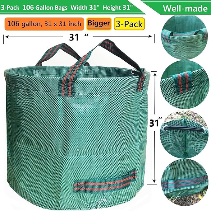 Professional 3-Pack 106 Gallons Lawn Garden Bags (D31, H31 inches) Reusable Yard Leaf Waste Bags with Coated Gardening Gloves - Storage Bag,Patio Bag,Laundry Container,Trash Can with 4 Handles