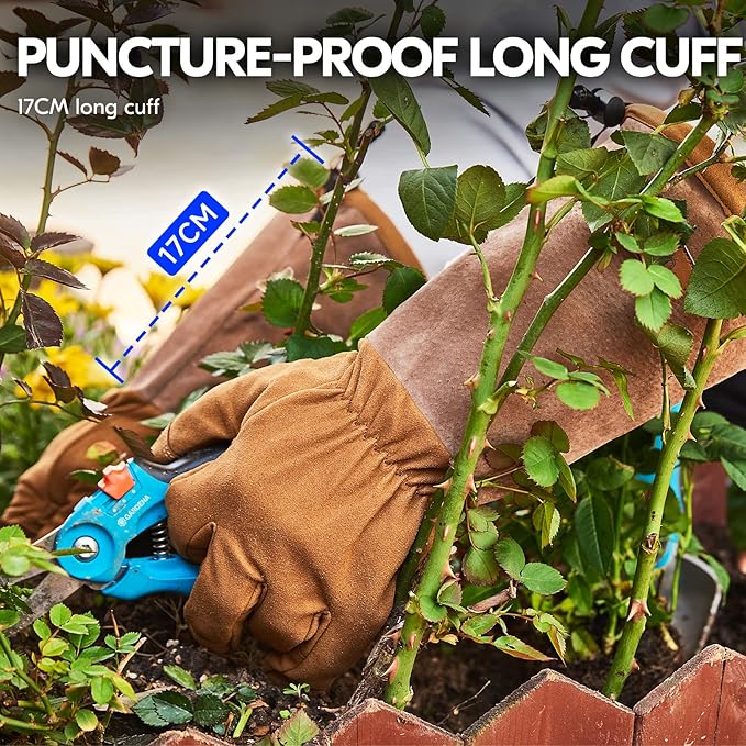 Vgo... Safety Work Gloves Men, Extended Pig Split Leather Cuff,Synthetic Leather, Rose Pruning Thorn Proof,Gardening (1 Pair,Size XL, Brown,SL6592M)
