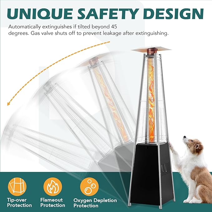 48,000 BTU Flame Pyramid Pool Heater, Triple Safety Protection Portable Patio Heater with Patio Cover, Warm Glass Tube with Durable Wheels-Black