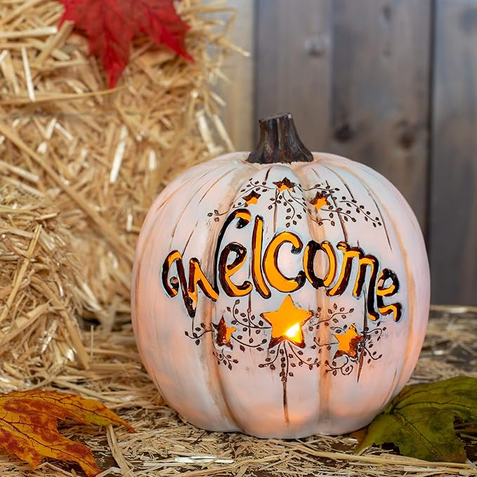 Mark Feldstein & Associates Welcome LED Pumpkin White 7 x 7 Resin Stone Halloween Collectible Figurine