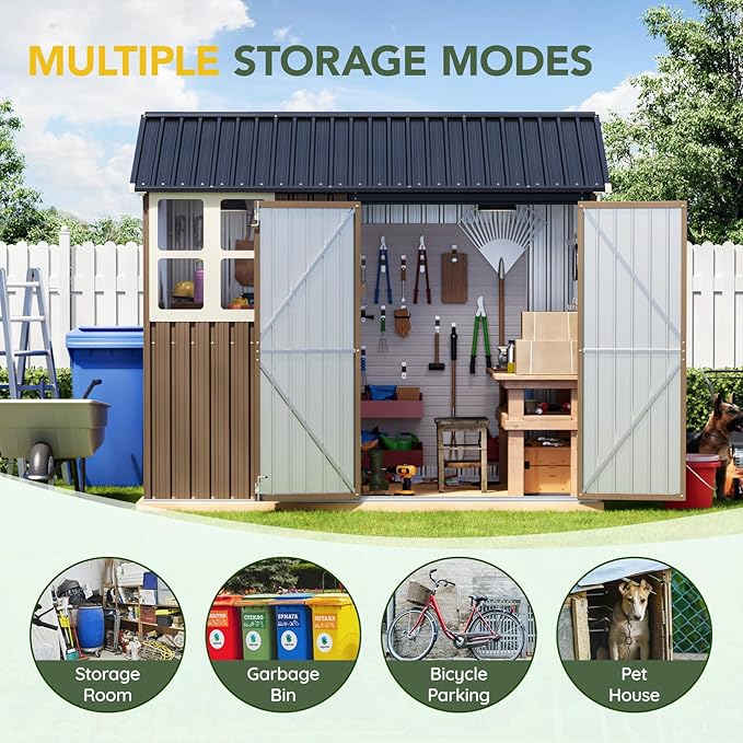 Breezz 6X8FT Outdoor Steel Storage Shed with Frame Floor,Clear Window, Lockable Doors, Weather-Resistant Metal Tool Shed for Garden, Backyard, Patio, and Utility Storage Brown