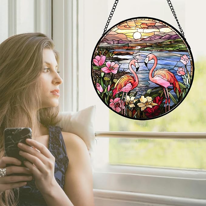 Stained Glass Window Hanging - Flamingo Wildflowers Landscape Suncatcher for Door Terrace Garden Home Decor Sunset Lake Sun Catcher Birthday Gifts for Lovers Women Men Dad Mom Nana 11.8 in