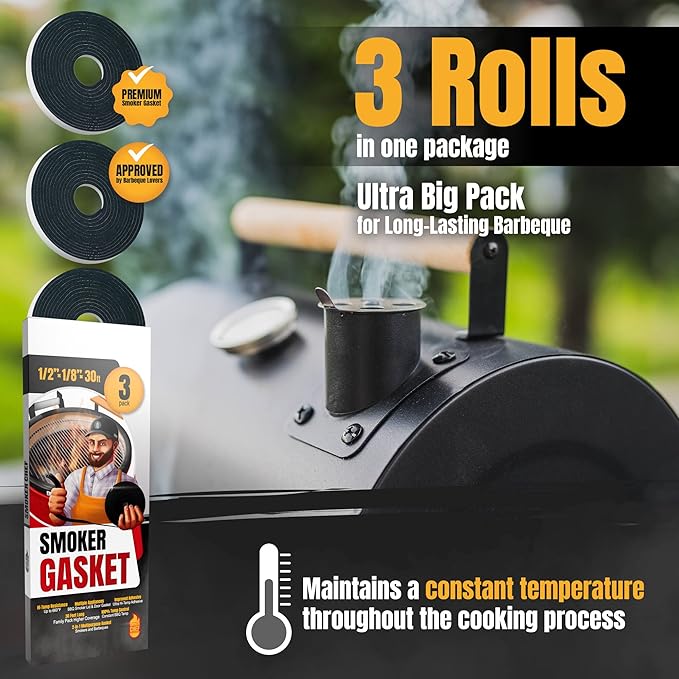XXL 30 FT Grill Gasket for Smokers - Black 1/2’’ x 1/8’’ Hi Temp Seal Smoker Gasket – 3-Pack x 10 FT Self Stick Black Nomex Fire Tape for BBQ Lid – High Heat Temperature Material Replace