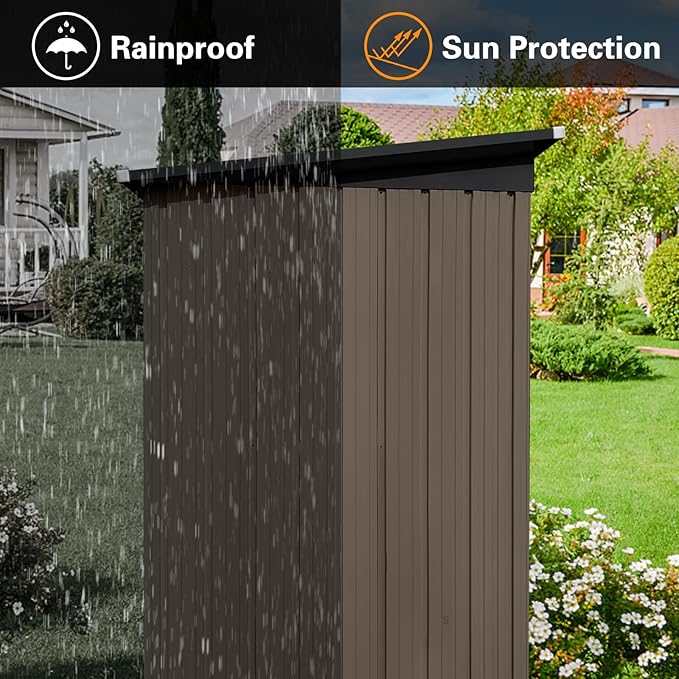 5x4 FT Metal Outdoor Storage Shed,Lockable Garden Tool Sheds with Pitched Roof and Shutter Vents,Practical Weatherproof House for Backyard Lawn,Brown+Black