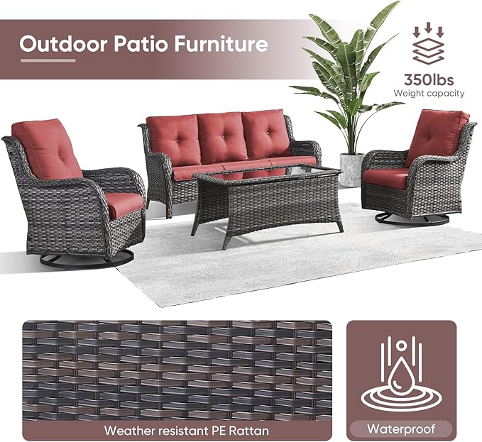 Patio Furniture 4 Piece Set, All-Weather PE Wicker Outdoor Set with Coffee Table, Swivel Rocker Chairs and Sofa, Grey/Green