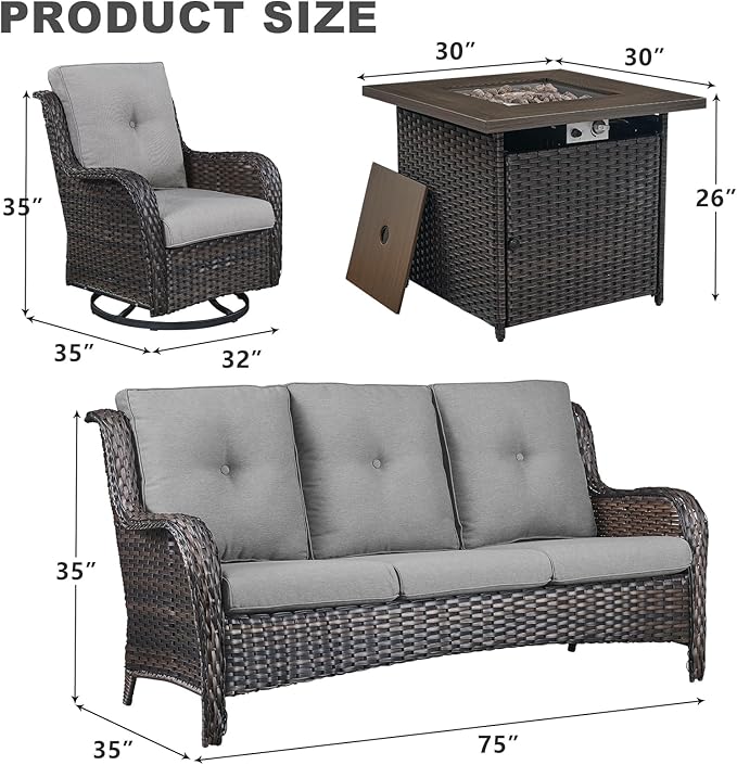 Patio Furniture 4 Piece, All-Weather PE Wicker Outdoor Furniture Set with CSA Certified 30in Propane Fire Pit Table,Outdoor Patio Furniture with Swivel Rocking Chairs