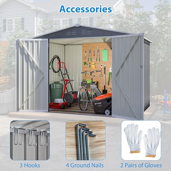 8x6 FT Outdoor Tool Storage Shed with Metal Foundation & Lockable Doors, All Weather Metal Sheds for Garden, Patio, Backyard, Lawn, Gray