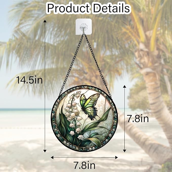 Stained Glass Window Hanging, Lily of The Valley Flower Butterfly Suncatcher for Doors Home Sun Catchers Decoration and Christmas, Mother's Day Birthday Gifts for Women, Men, Mom 7.8 in