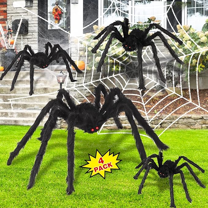Halloween Spider Decorations, Aitey Halloween Scary Giant Spider Set with 4 Large Fake Spider, Spider Web, 20 Small Plastic Spiders, Cobwebs for Window Wall and Yard Outdoor Halloween Decor