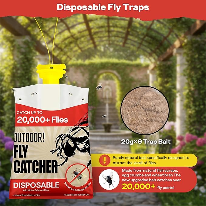 Fly Traps Outdoor Hanging with Natural Pre-Baited, Powerful Mosquito Repellent for Patio Disposable Fly Catcher, Fly Traps Outdoor - Controls Flies for Patio, Barns, Ranches (9 pcs)