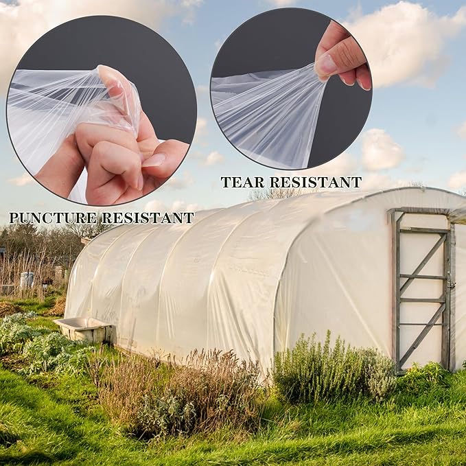 Greenhouse Film 13 x 26 Ft Greenhouse Plastic Plant Covers Freeze Protection UV Resistant PE Clear Film for Plants Dust Proof Resist Cold Weather Heavy Rainfall Strong Winds