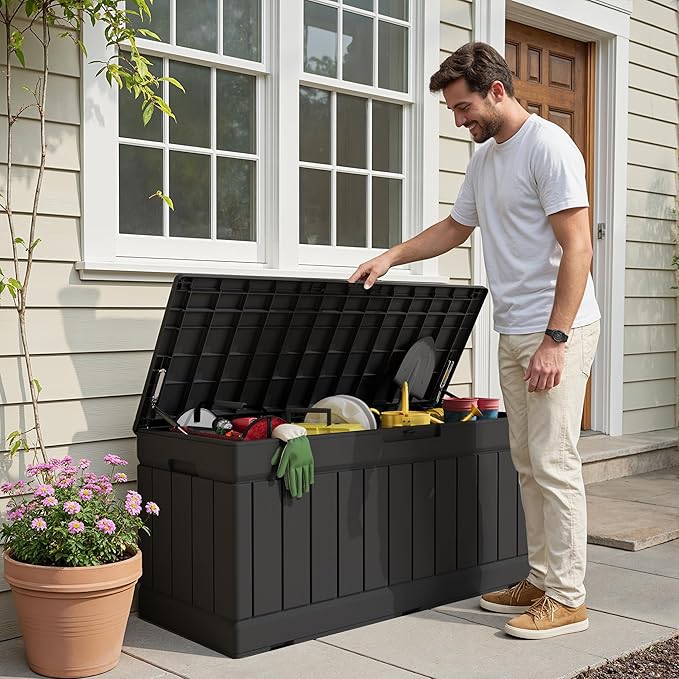 Devoko 78 Gallon Deck Box, Waterproof Resin Outdoor Storage Box for Outside and Patio, Outdoor Storage Bench Lockable for Patio Furniture, Garden Tools and Pool Supplies (Black, 78 Gallon)