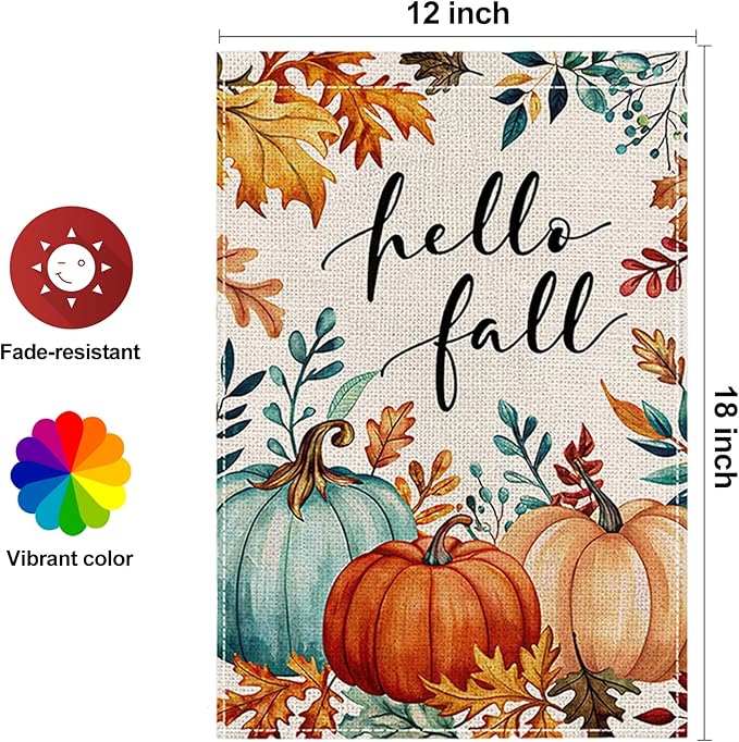 Fall Garden Flag 12 x 18 Inch Double Sided Pumpkin Maple Leaves Designs Autumn Burlap Yard Flag for Outside Rustic Yard Outdoor Holiday Home Decoration