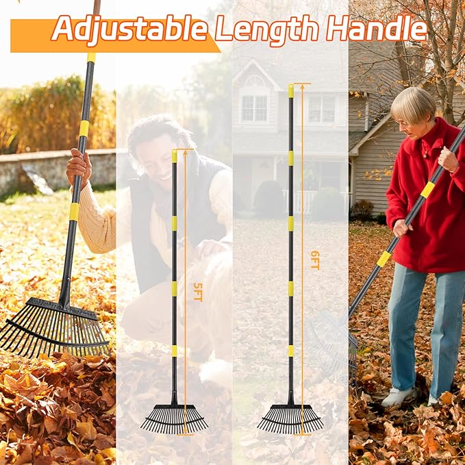 79" Leaf Rake- 25 Metal Tines 18" Wide Adjustable Long Handle Metal Leaf Rake for Lawns Heavy Duty for Yard Lawn Shrub Garden Beds