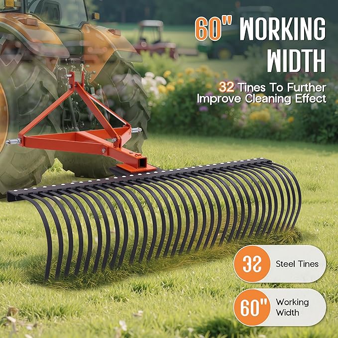 Specraft 3 Point Tow Behind Rake, 60" Adjustable Angle with 32 Steel Tines, Lawn Dethatcher Landscape Rake with Attachments for Field, Yard Cleanup