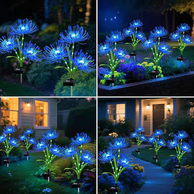 Solar Outdoor Lights Blue Spider Lily – 4 Pack 12-Head Waterproof Garden Flower Lights with Glowing Stems,Decorative Solar Powered Yard,Patio & Lawn Decor,Halloween & Gardening Gifts for Women Grandma