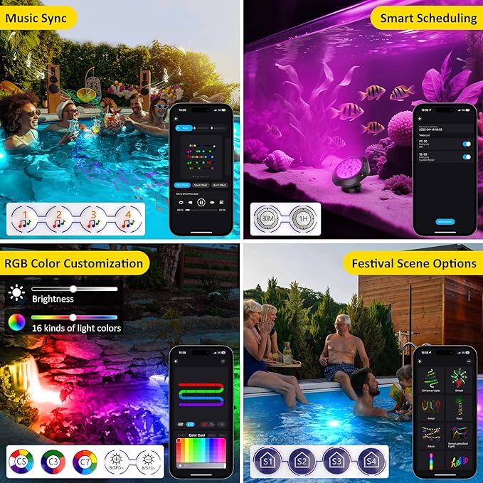 T-SUN Smart RGB Pond Lights, Halloween Outdoor Underwater Light with App & Remote, IP68 Waterproof Submersible Fountain Light, Music Sync, 16M Colors, Timer, Dimmable, Koi Pond, Garden, Set of 12