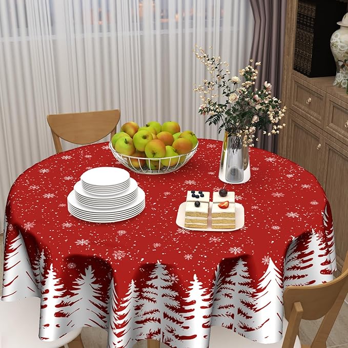 Giwawa Xmas Round Tablecloth 60 Inch, Farmhouse Red White Pine Trees Snowflakes Festive Washable Polyester Table Cover for Picnic Dinner Kitchen Winter Seasonal Holiday Party Decoration