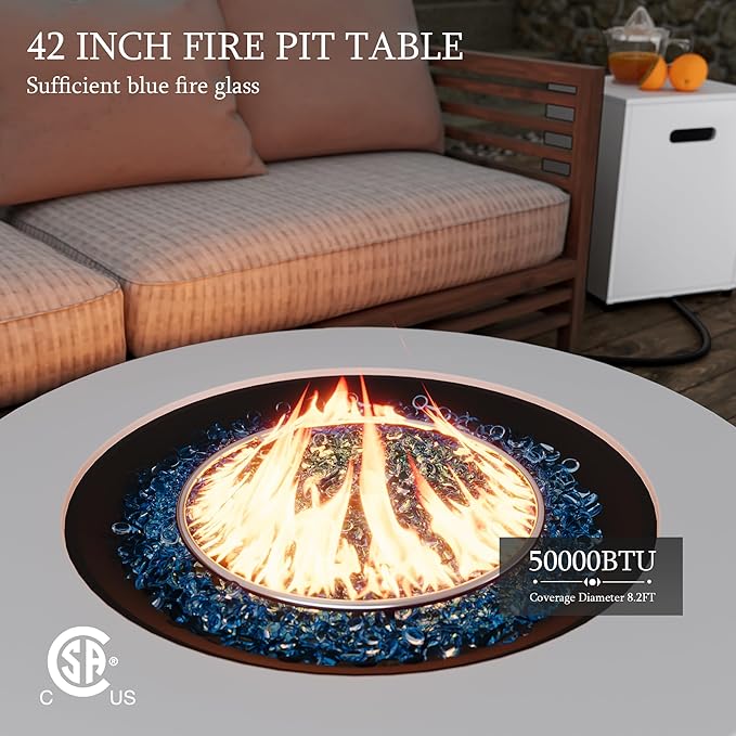 UPHA 42-inch Outdoor Propane Gas Fire Pit Table 50000 BTU Iron Round Firepit for Outside Patio with Tank Hidden Table, Removable Lid, Blue Glass Rocks, Rain Cover, White