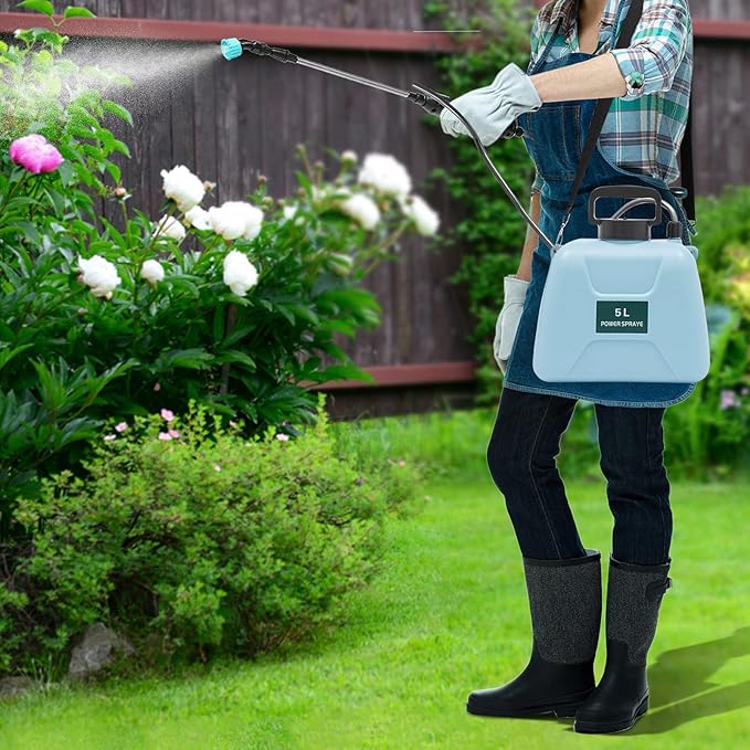YIYIBYUS Battery Powered Sprayer 1.35 Gallon/5L Powerful Electric Sprayer with 3 Mist Nozzles and Adjustable Shoulder Strap Portable Electric Garden Sprayer for Lawn,Garden,Cleaning (Blue)