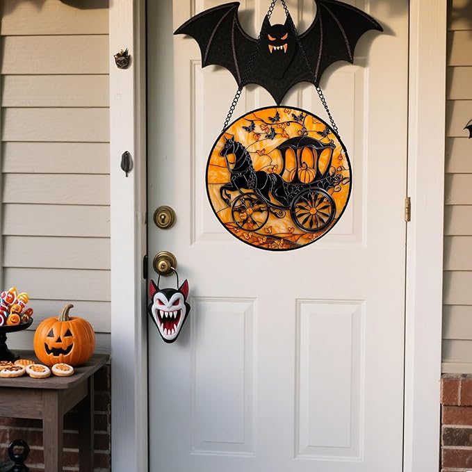 Stained Glass Window Hanging - Halloween Pumpkin Carriage Suncatcher for Doors Window Garden Indoor Spooky Funny Orange Sun Catchers Gothic Decor Horror Gifts for Women Men Friend 15 in