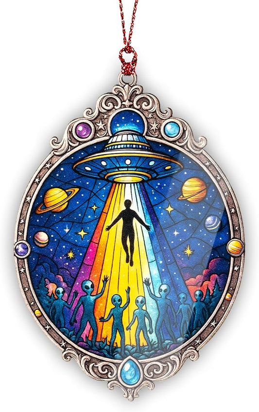 Alien Ornament – UFO Decor | Galaxy Ornament + Sci Fi Keepsake – Space Lover Gift – Alien Christmas Ornament – Suncatcher Effect Window Hanging – Car Hanging Decoration
