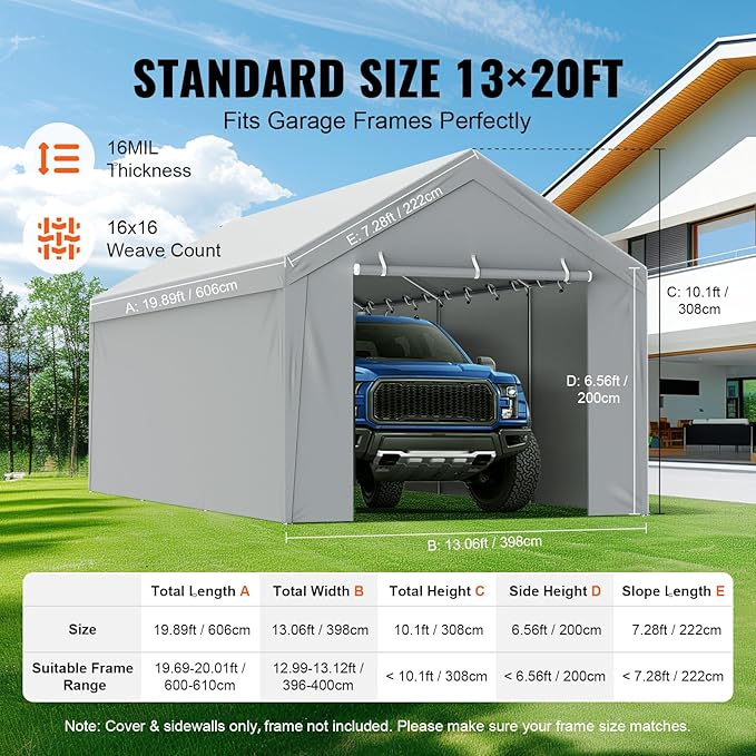 VEVOR Carport Replacement Canopy Cover Top + Side Wall 13 x 20 ft, Garage Tent Shelter Tarp Heavy-Duty Waterproof & UV Protected, Easy Installation with Ball Bungees,Grey (Frame Not Included)