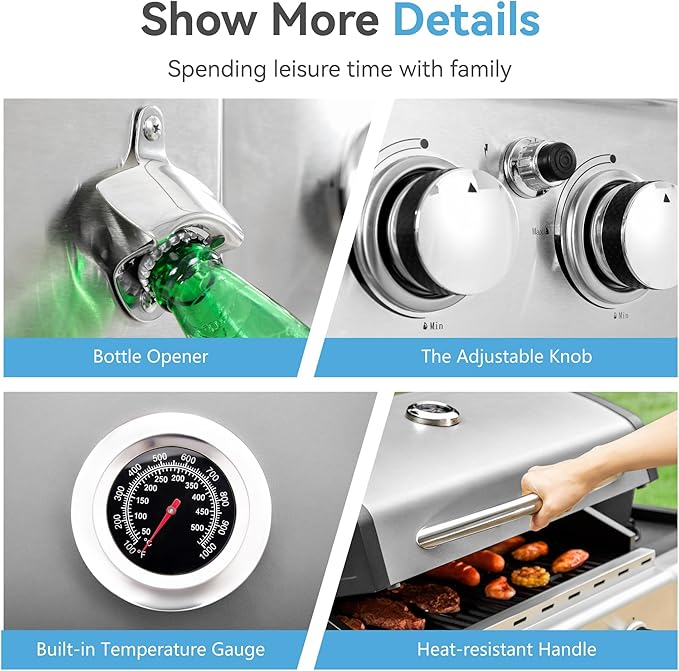 GREEN PARTY 4 Burner BBQ Propane Gas Grill with Side Burner & Porcelain-Enameled Cast Iron Grates, 545 SQIN Grilling Area 42,000 BTUs Barbecue Grill for Outdoor Cooking Garden Patio Backyard, Silver