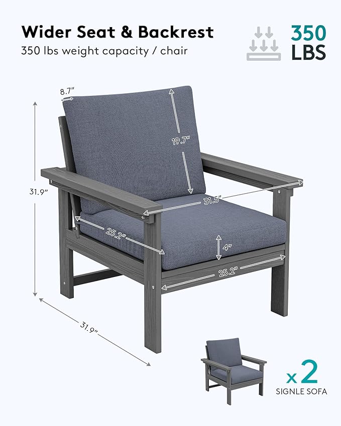 SERWALL Outdoor Patio Sofa Set, 2-Piece HDPE Single Seat Outdoor Sofa Chair with Padded Cushions, Gray Frame with Gray Cushion