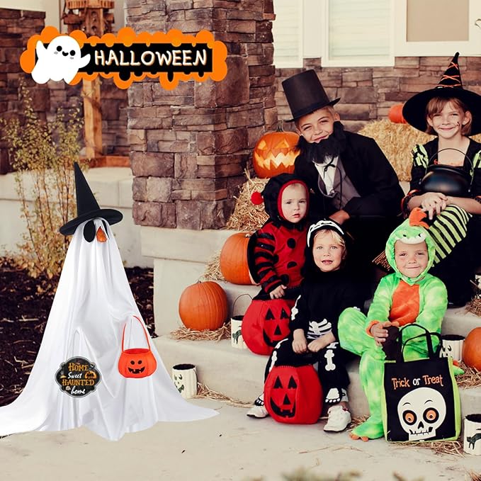 4 Pcs Halloween Porch Goose Outfits Ghost with Accessories Yard Garden Lawn Goose Clothes for Plastic Cement Goose Statue 23" Fall Ghost Porch Goose Costume Set for Patio Outdoor Decoration