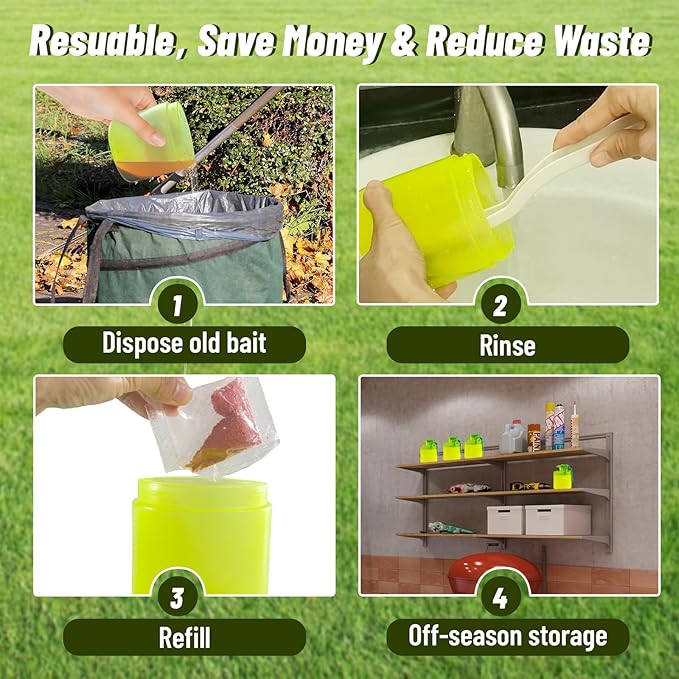 4 Pack Reusable Outdoor Fly Trap with Shepherd Hooks, Non-Toxic Bait for Farm, Garden, Patio. Hanging Flies Killer Catcher, Outside Weather Resistant Bug Control