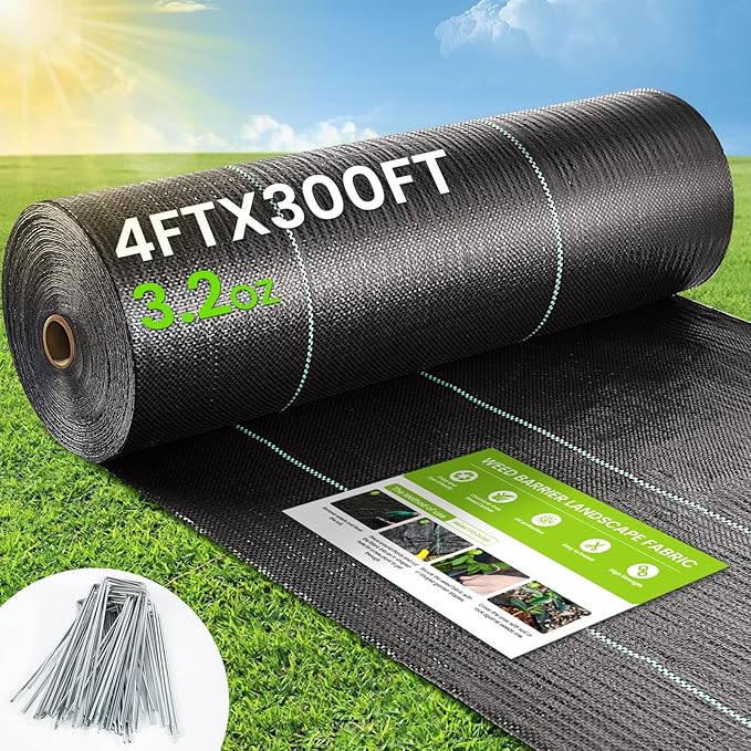 Weed Barrier Fabric, 4x300ft Landscape Fabric, 3.2oz Heavy Duty Durable Woven Geotextile Fabric, High Permeability Ground Cover Mat, Driveway Fabric, Garden Weed Control Cloth with 20 U-Securing Pegs