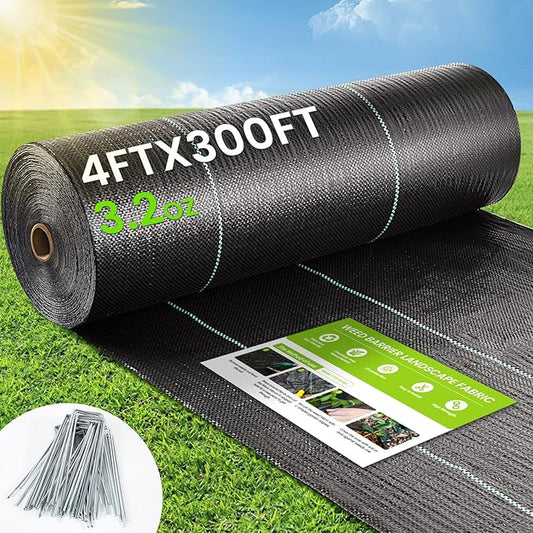 Weed Barrier Fabric, 4x300ft Landscape Fabric, 3.2oz Heavy Duty Durable Woven Geotextile Fabric, High Permeability Ground Cover Mat, Driveway Fabric, Garden Weed Control Cloth with 20 U-Securing Pegs