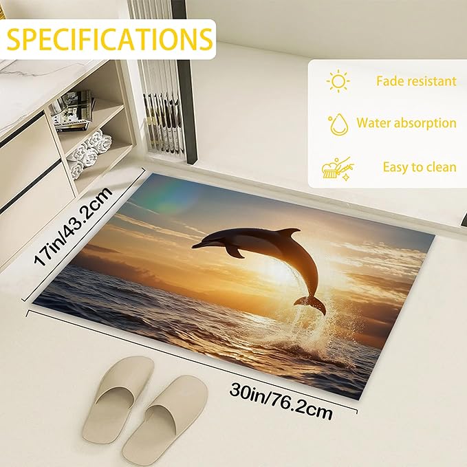 Welcome Mat Indoor,Jumping Dolphin Front Door Mat,Sea Sunset Entryway Rug for Porch Patio Non-Slip Outdoor Entry Doormat for Back Door Outside Entrance Hallways,30 x 17 Inch